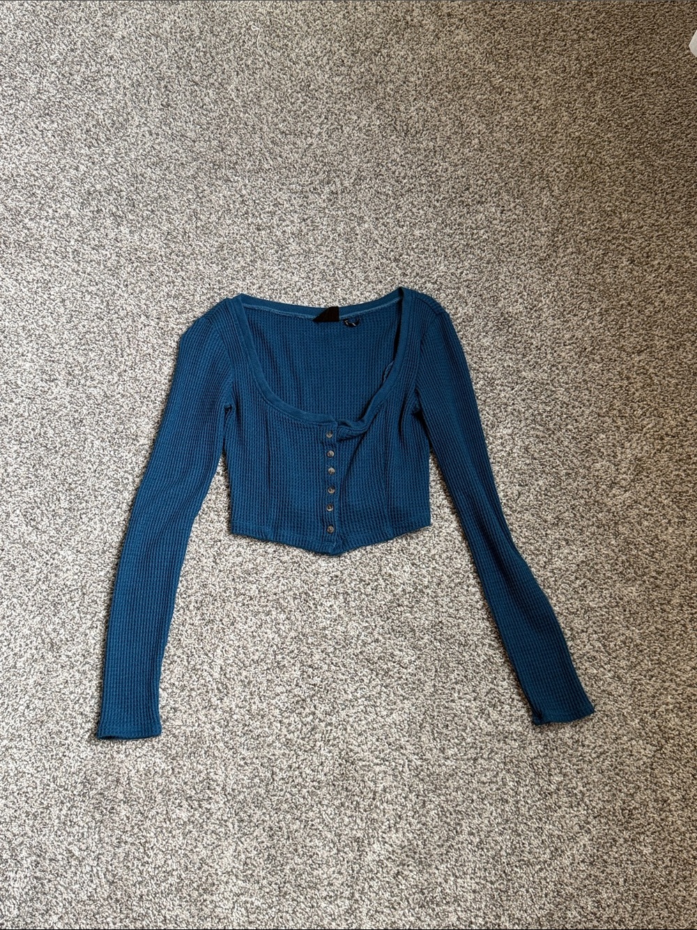 Urban Outfitters Teal Ribbed Long-Sleeve Cropped Button Front Top